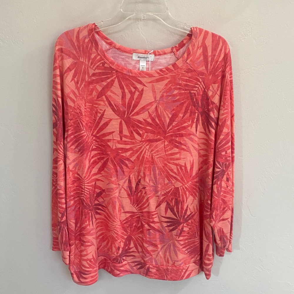 Dress Barn Red Leaf Print Long Sleeve Top